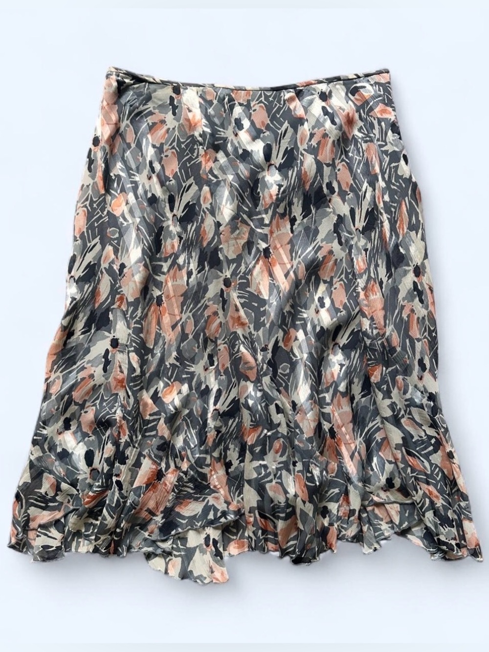 Vintage Y2K Silk Ruffle Midi Skirt Anne Klein Floral Print in Peach & Gray